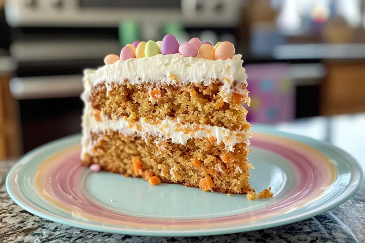 Slice of delicious Easter American desserts carrot cake with cream cheese frosting on a plate.