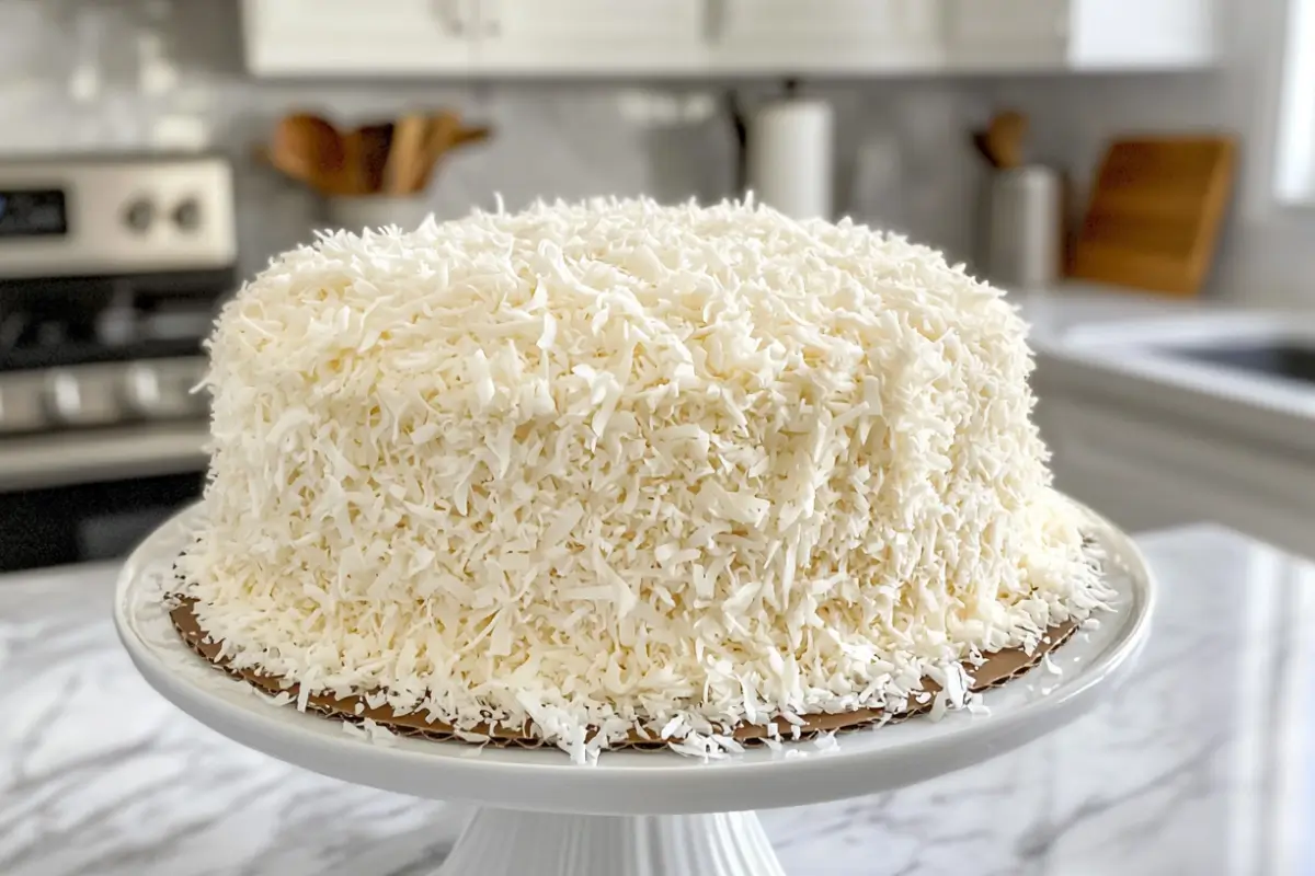 Festive Easter American desserts coconut cake covered in shredded coconut on a stand.