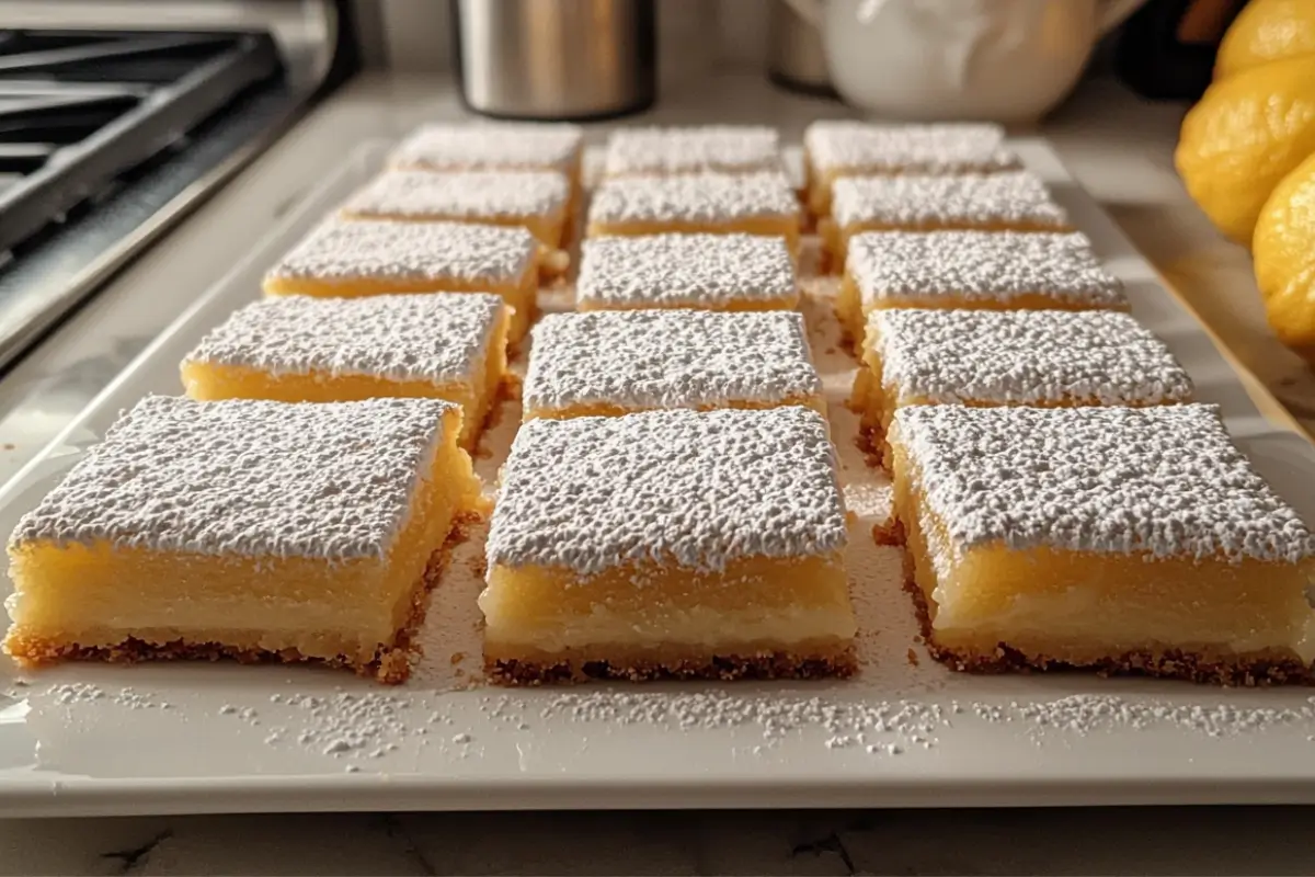 Bright yellow Easter American desserts lemon bars dusted with powdered sugar on a platter.
