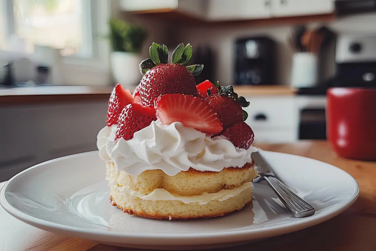 A delicious gluten-free shortcake served with whipped cream and strawberries.