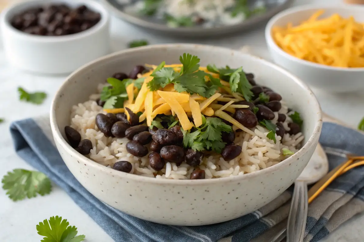 A delicious and finished bowl of one of our 5 meals under $10: the classic black bean and rice bowl.