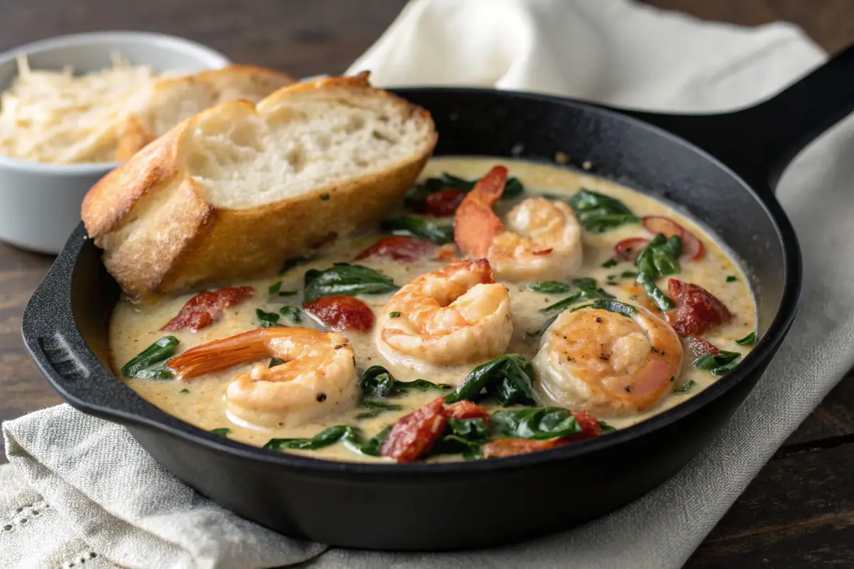 Creamy Tuscan garlic shrimp in a skillet, an example of fast dinners for exhausted moms that feels gourmet.