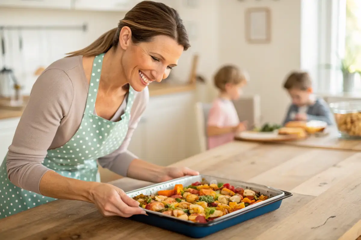 A happy mom serving one of the fast dinners for exhausted moms, a sheet pan meal, to her family.