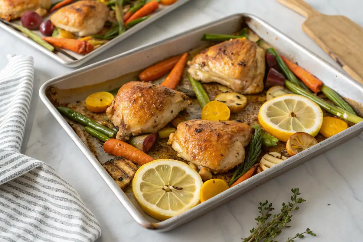 A sizzling one-pan lemon herb roasted chicken with vegetables, one of our 5 meals under $10.