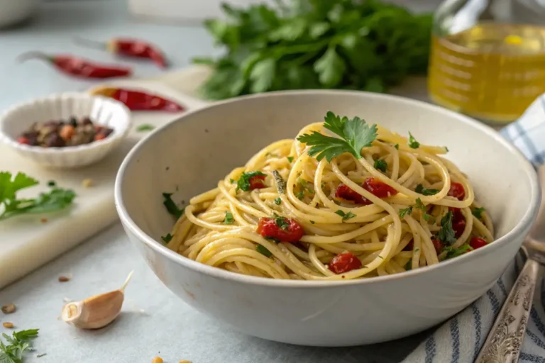 A minimalist and elegant bowl of Pasta Aglio e Olio, the ultimate choice for our 5 meals under 10 dollars.