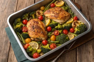 A close-up of sheet pan lemon herb chicken, one of the best fast dinners for exhausted moms.