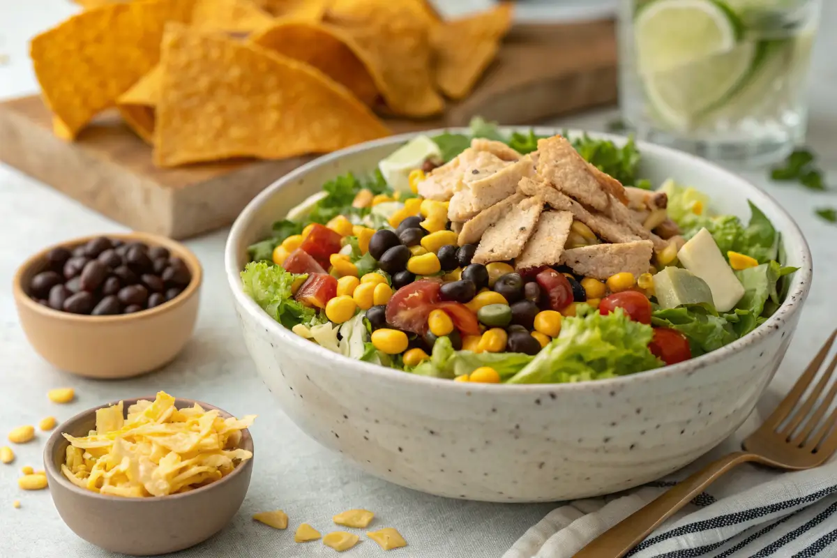 A vibrant and easy rotisserie chicken taco salad, a no-cook option for fast dinners for exhausted moms.