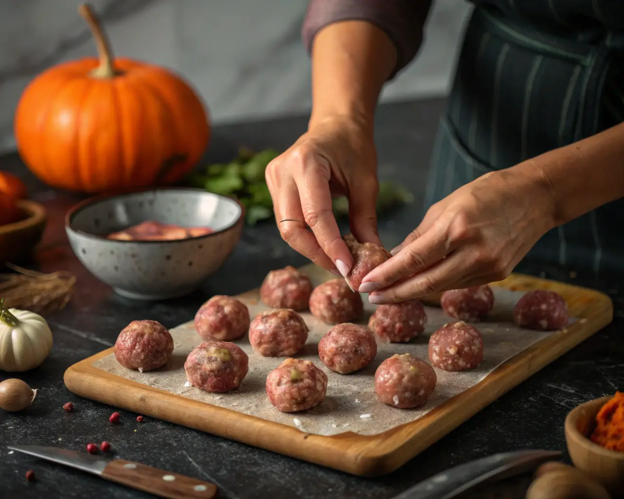 Hands rolling spooky meatballs for Halloween recipe