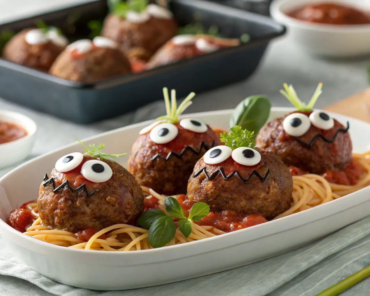 Spooky meatballs for Halloween decorated as cute monsters