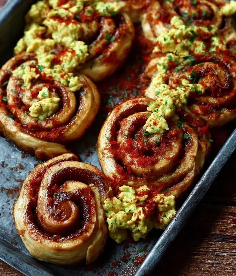 Bloody Gut Cinnamon Rolls served with green scrambled eggs for a festive breakfast.