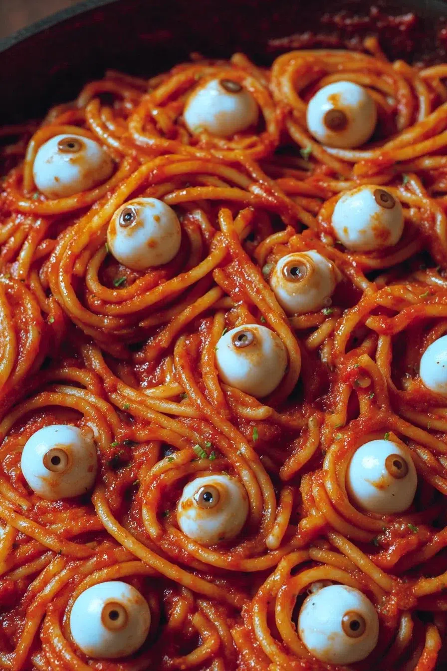 Plate of Bloody Spaghetti with Mozzarella Eyeballs for Halloween