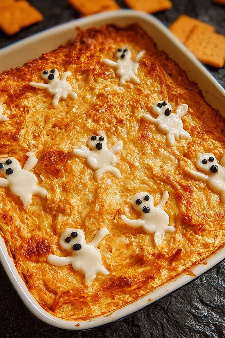 Boo-ffalo Dip served in a bowl with tortilla chips, perfect for parties.
