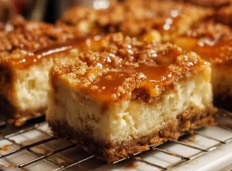 Delicious caramel apple cheesecake bars with a creamy topping and apple slices.