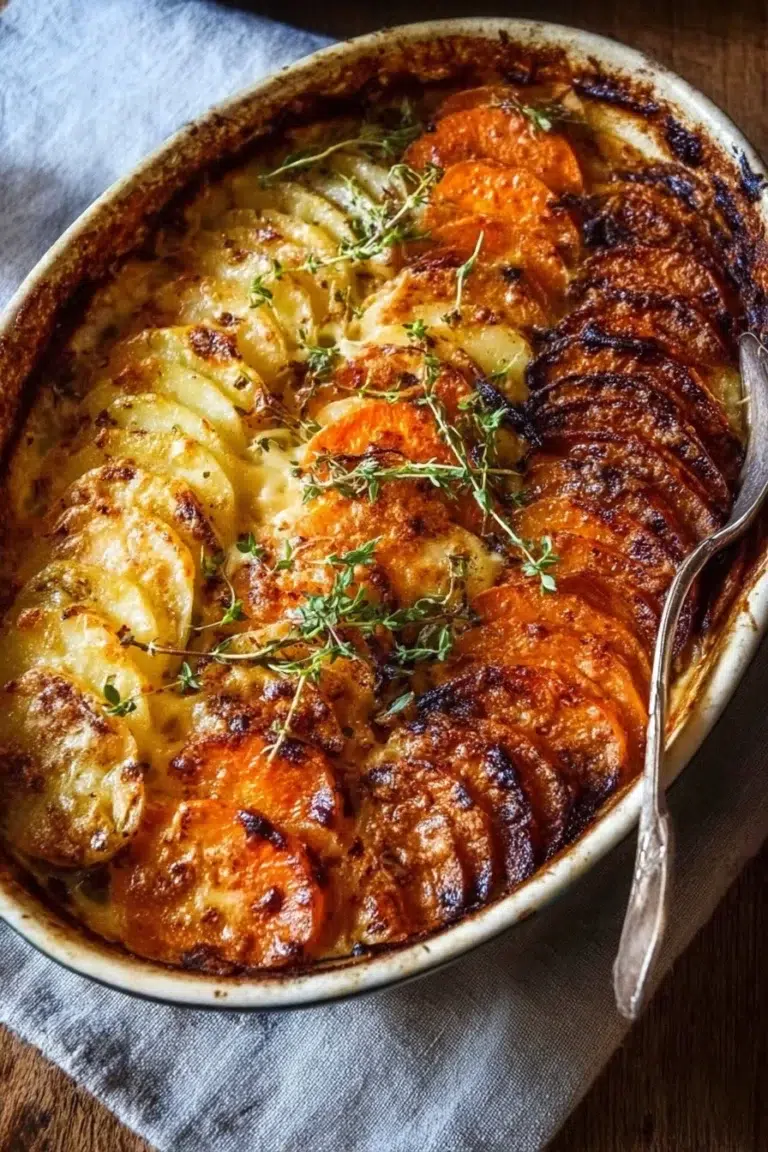 Cheesy root vegetable gratin with layers of creamy, baked vegetables.
