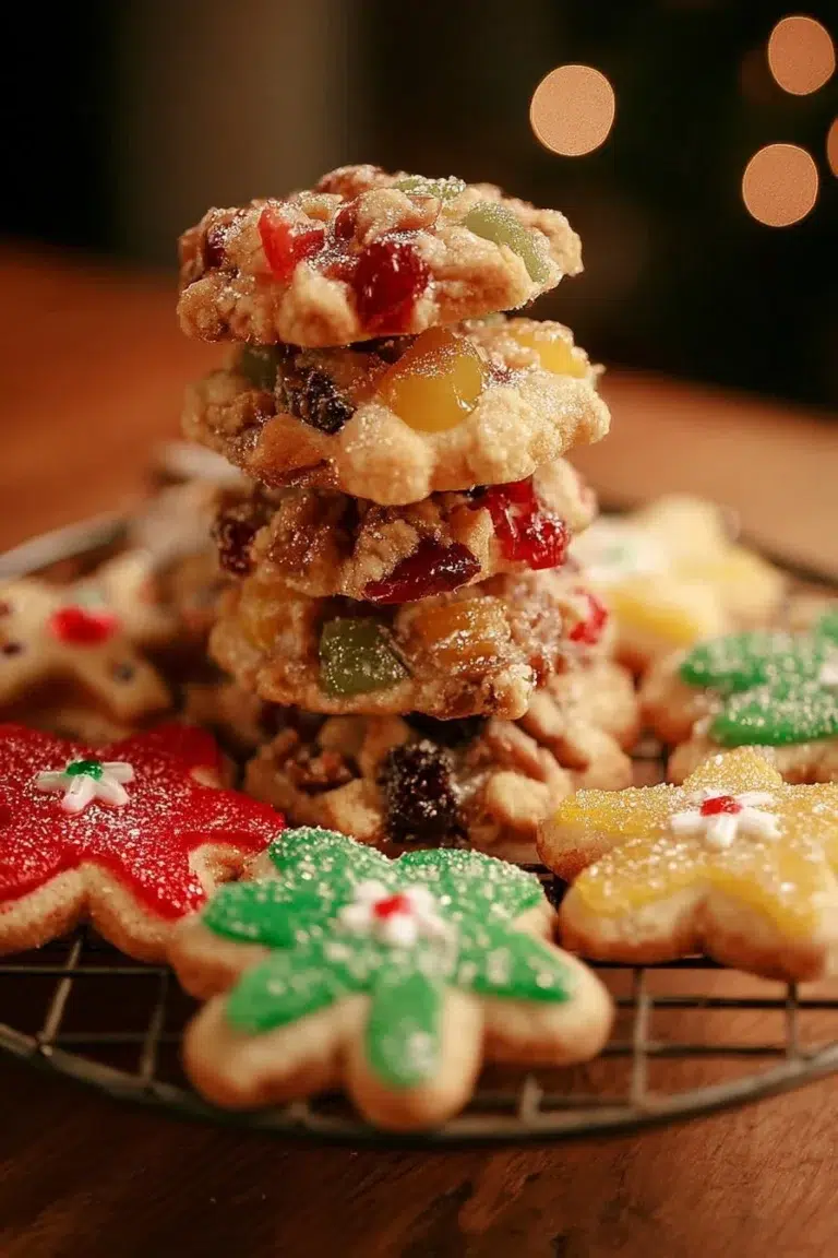 A variety of beautifully decorated Christmas cookies on a festive tray.