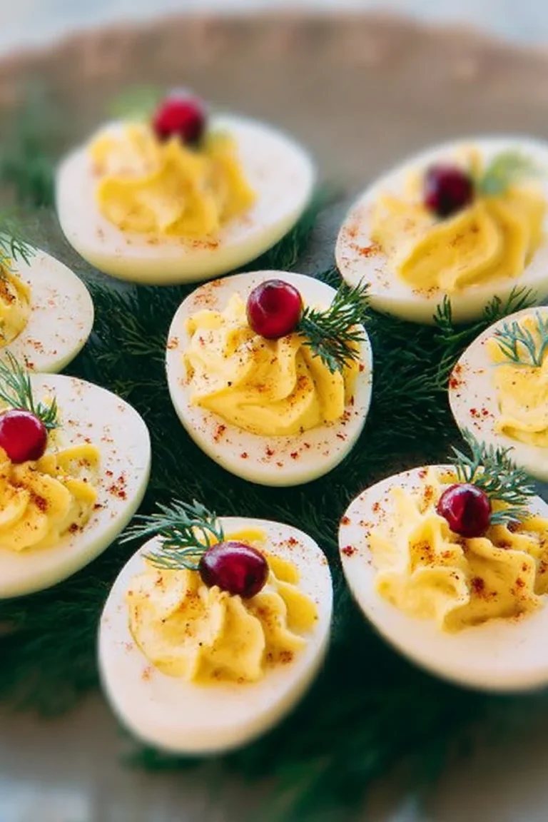 Festive Christmas deviled eggs arranged on a holiday platter