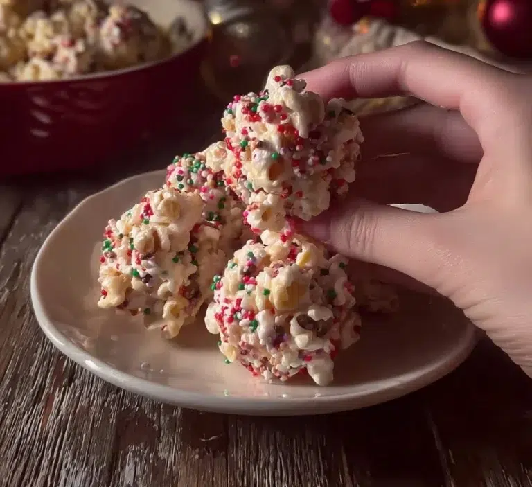 Festive Christmas popcorn balls decorated with colorful sprinkles