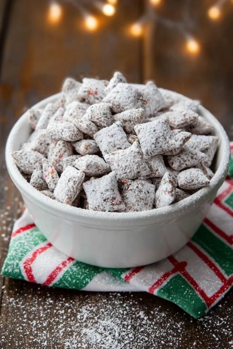 Decadent Christmas Puppy Chow treat for dogs decorated with festive colors