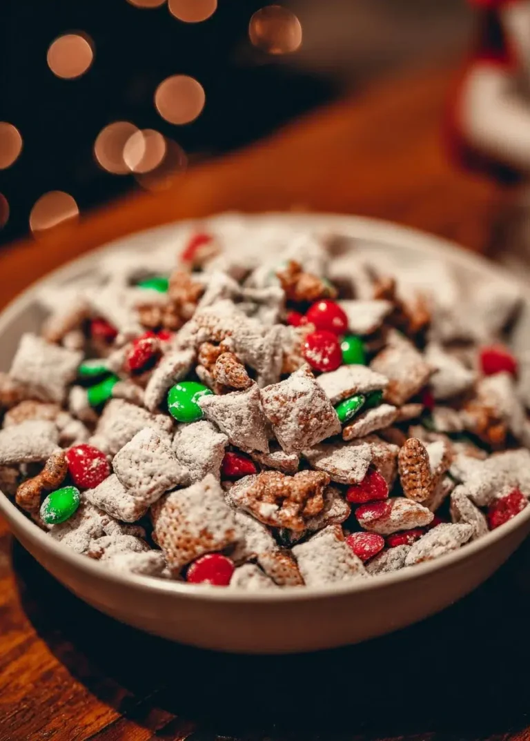 Festive Christmas Puppy Chow treat in a holiday-themed bowl.