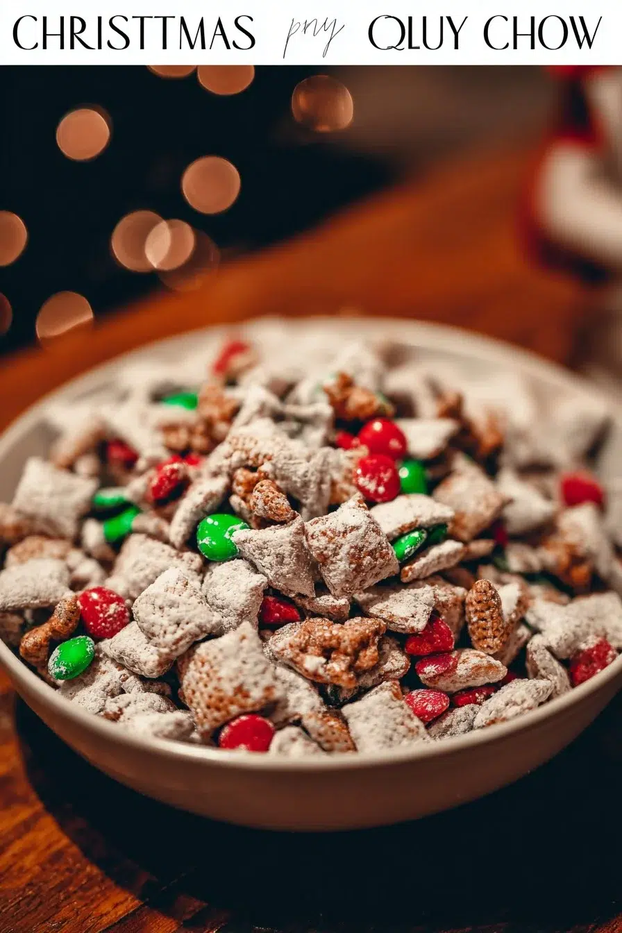 Festive Christmas Puppy Chow treat in a holiday-themed bowl.