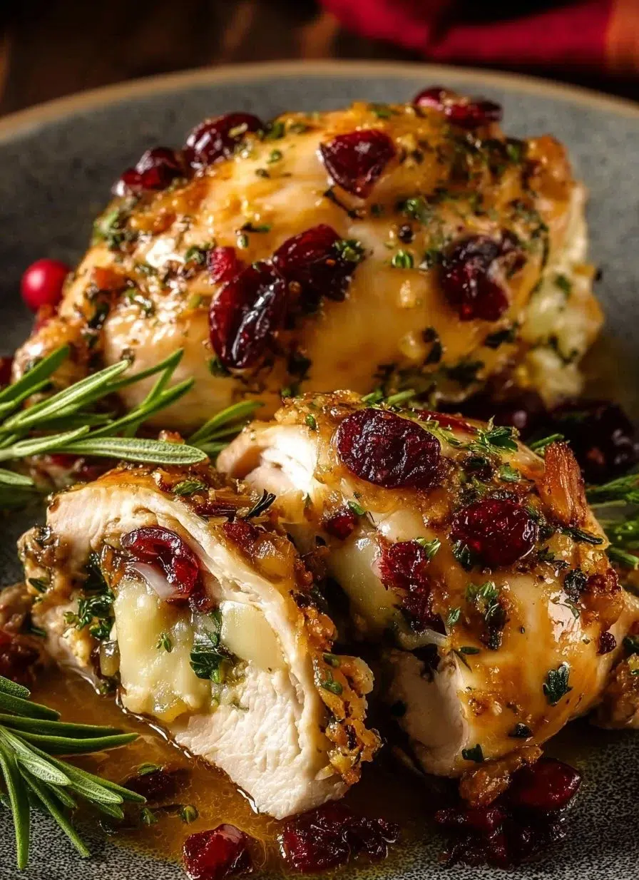 Cranberry and Brie Stuffed Chicken on a plate garnished with herbs