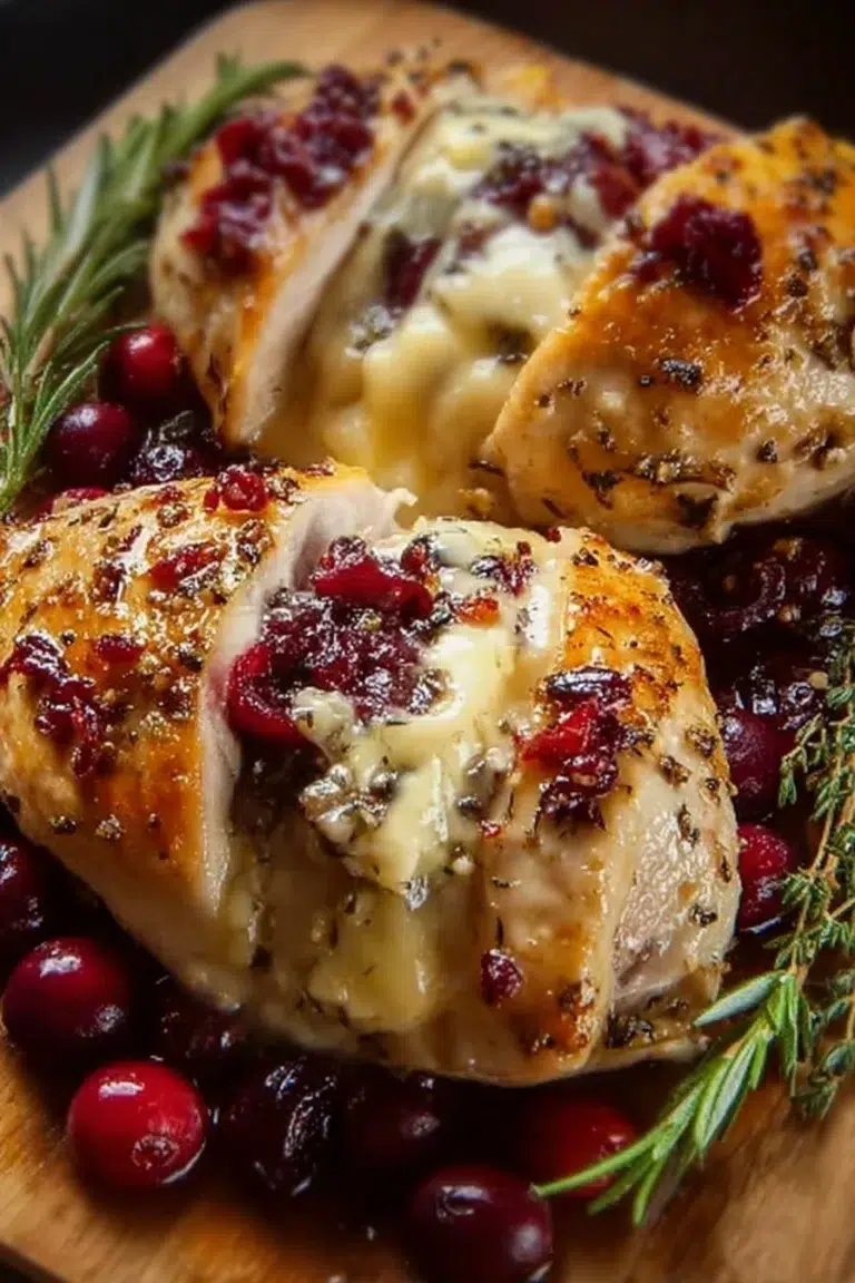 Cranberry Brie Stuffed Chicken with herbs and sauce on a plate