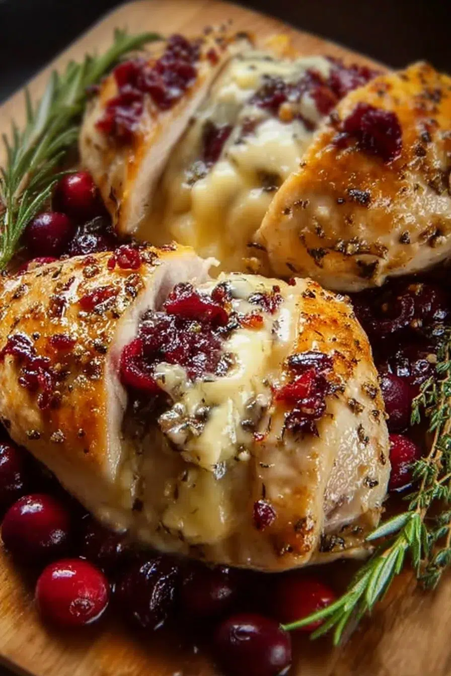 Cranberry Brie Stuffed Chicken with herbs and sauce on a plate