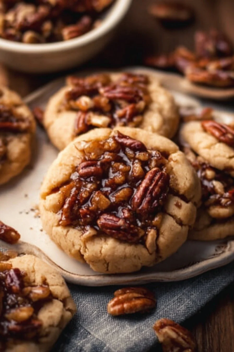Crumbl pecan pie cookies displayed on a platter, ready to enjoy.