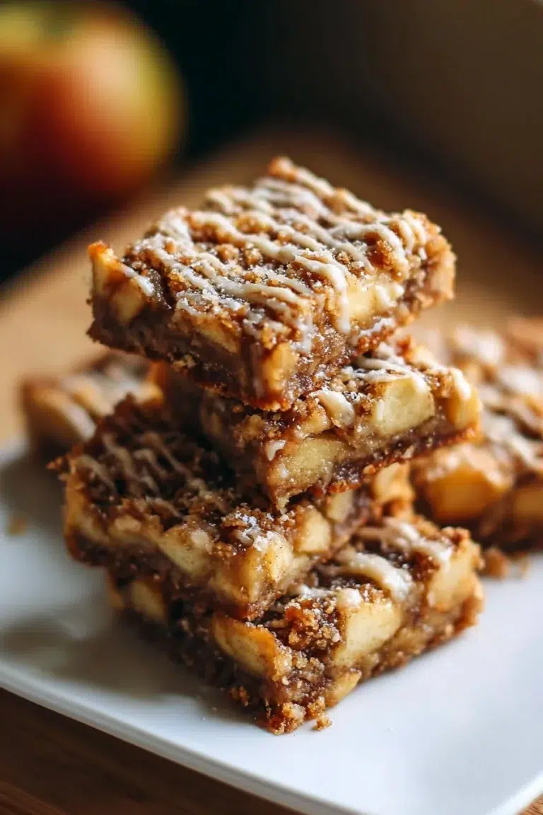 Delicious apple bars topped with cinnamon and nuts on a rustic wooden table