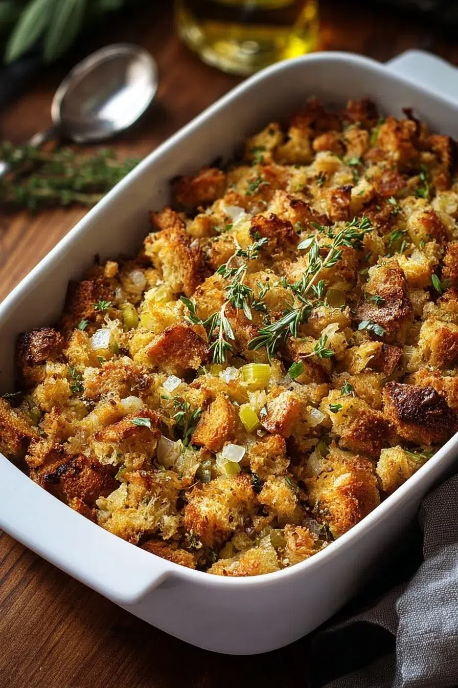 Delicious Grandma’s Thanksgiving stuffing made with herbs and spices.