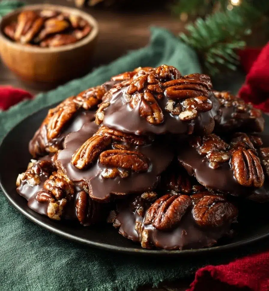 Easy Christmas Pecan Turtles recipe with chocolate and pecans
