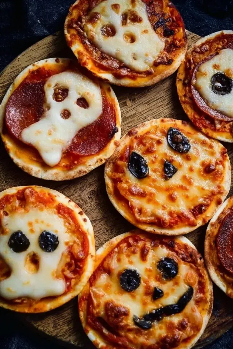 Mini Halloween pizzas decorated with spooky toppings for a festive treat