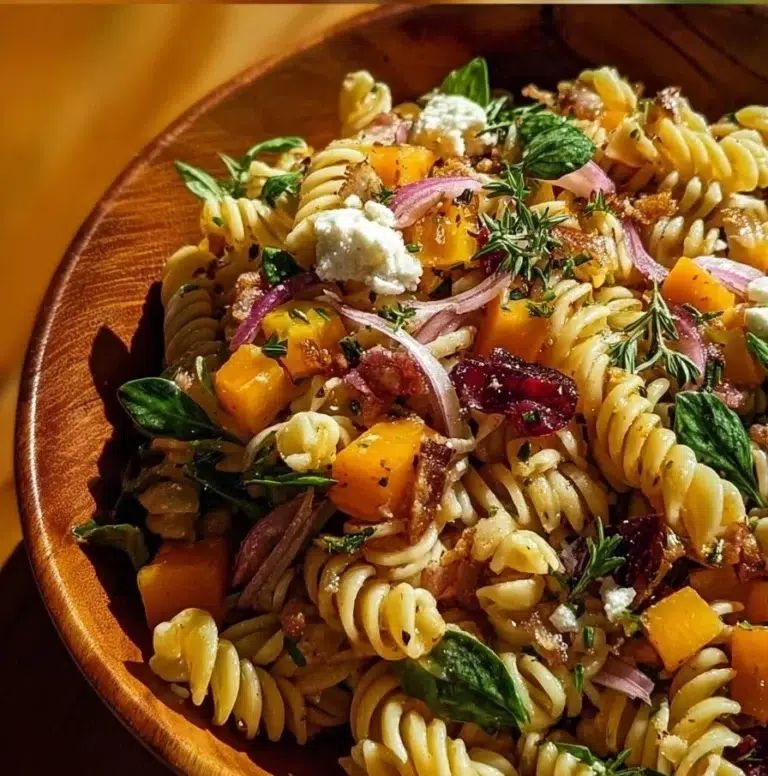 Colorful Fall Harvest Pasta Salad filled with seasonal vegetables and pasta