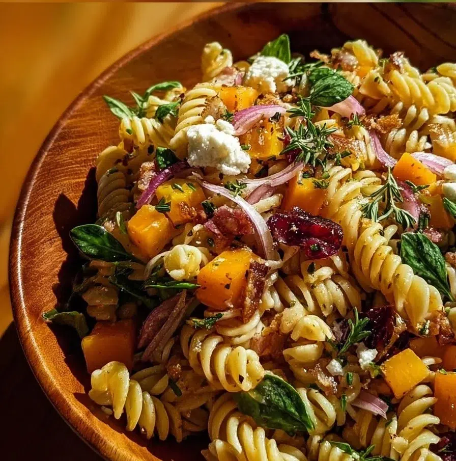 Colorful Fall Harvest Pasta Salad filled with seasonal vegetables and pasta