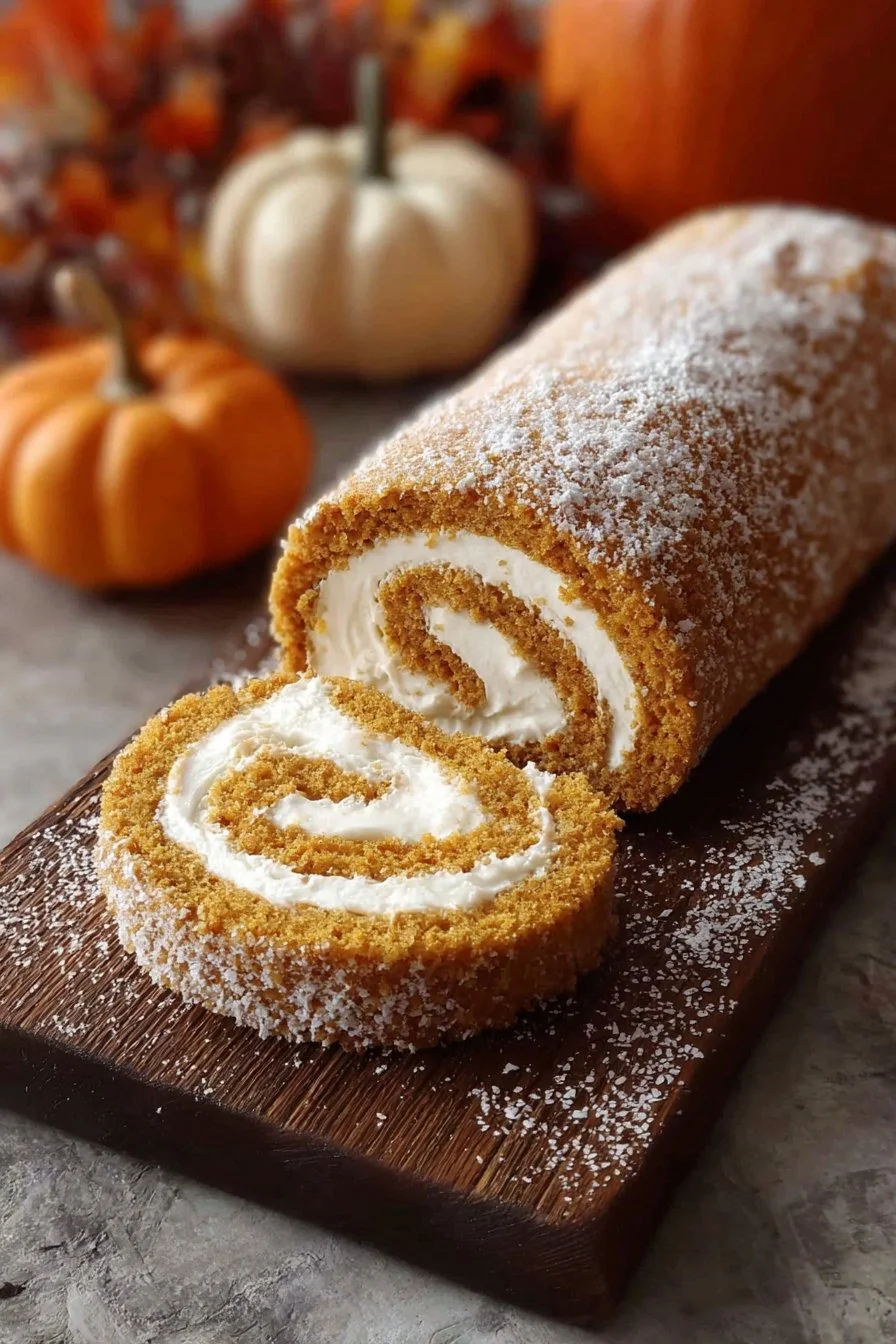 Delicious fall pumpkin spice roll cake decorated with cream and spices