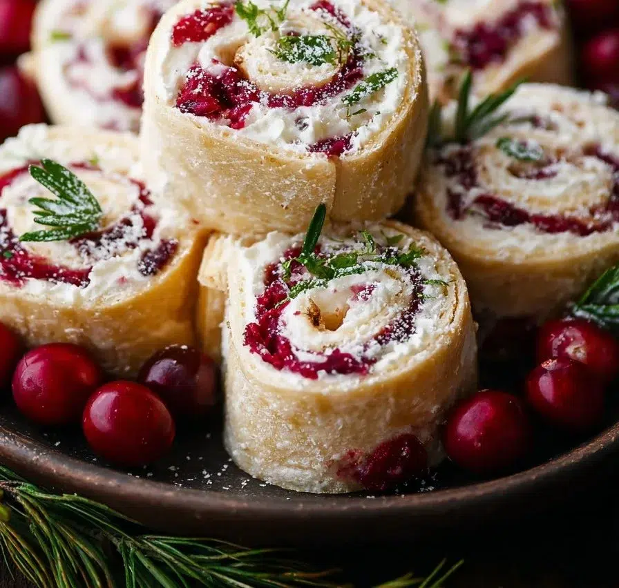 Festive Christmas Cranberry Roll Ups with cream cheese and cranberries on a platter