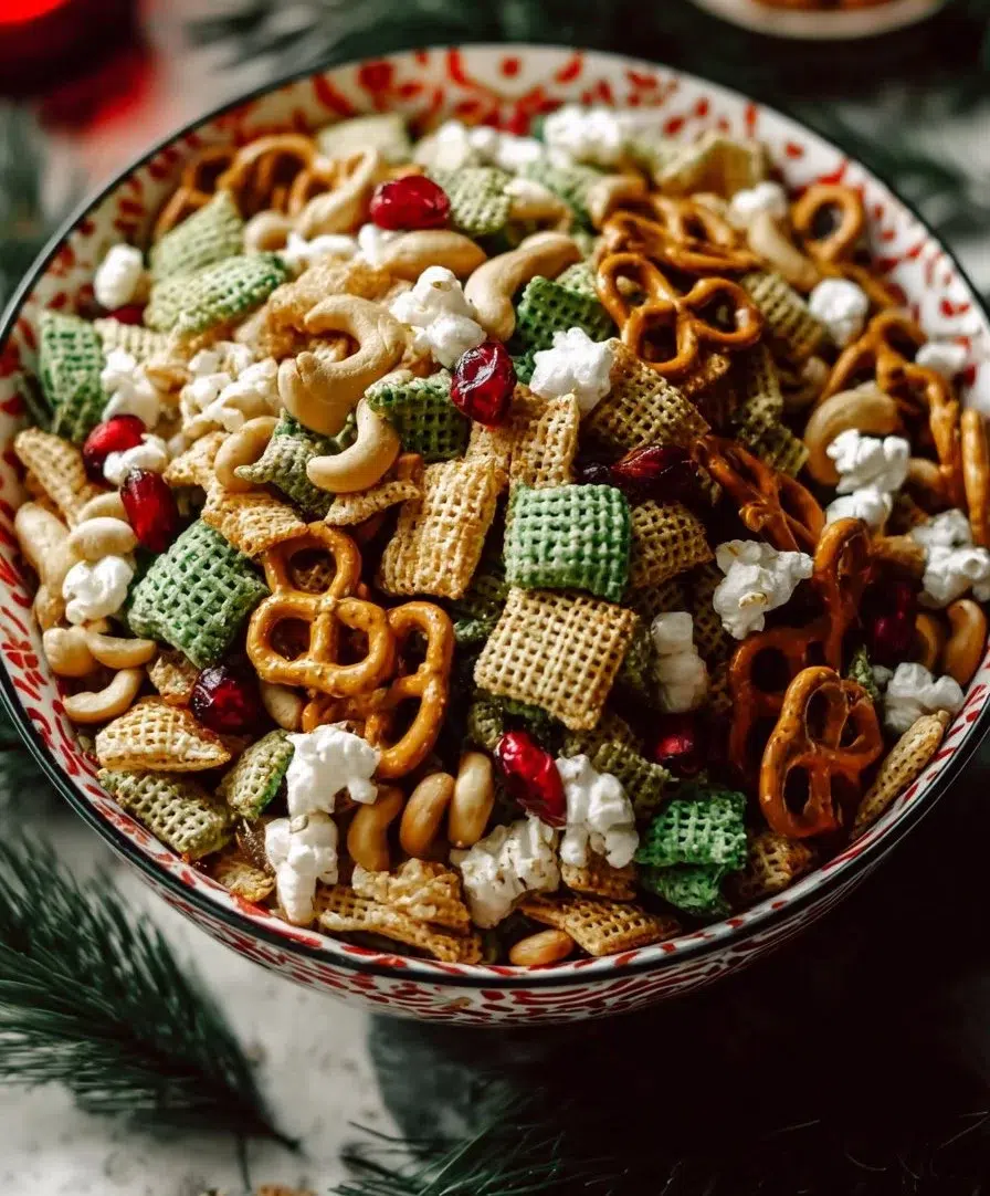 Festive snack mix featuring colorful treats for holiday celebrations