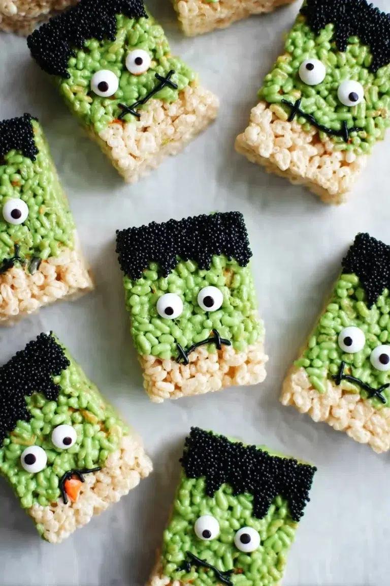 Frankenstein Halloween Rice Krispie Treats decorated with green and black icing.