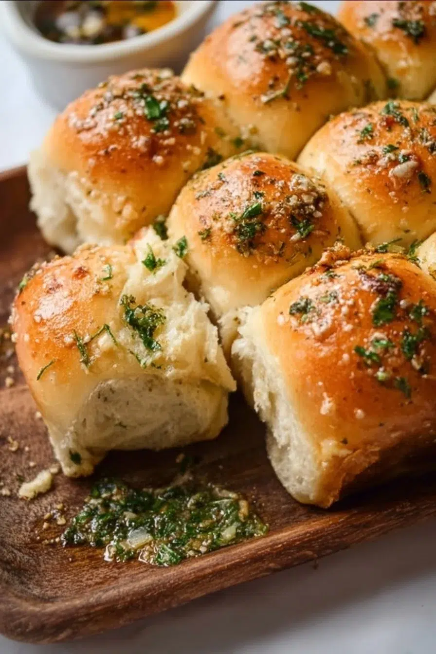 Freshly baked garlic bread rolls served on a wooden platter