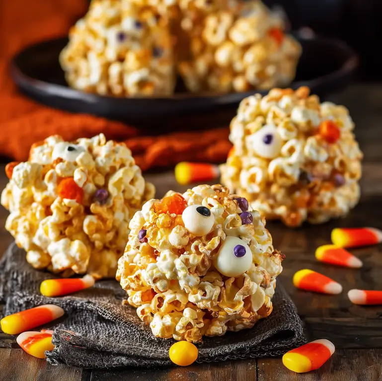 Colorful Halloween popcorn balls decorated for spooky celebrations.
