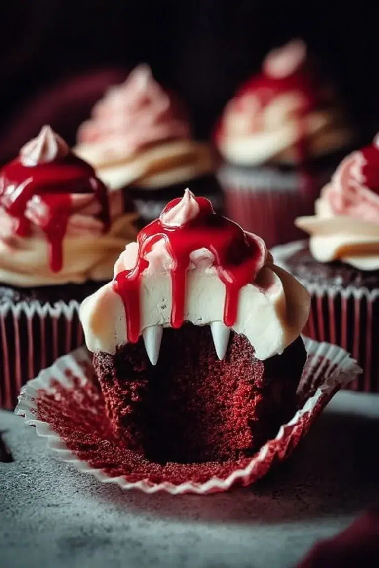 Halloween vampire bite cupcakes with red filling resembling blood dripping from bites
