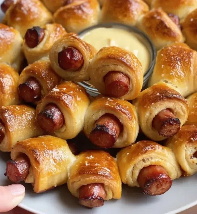 Delicious holiday pigs in a blanket served on a festive platter.