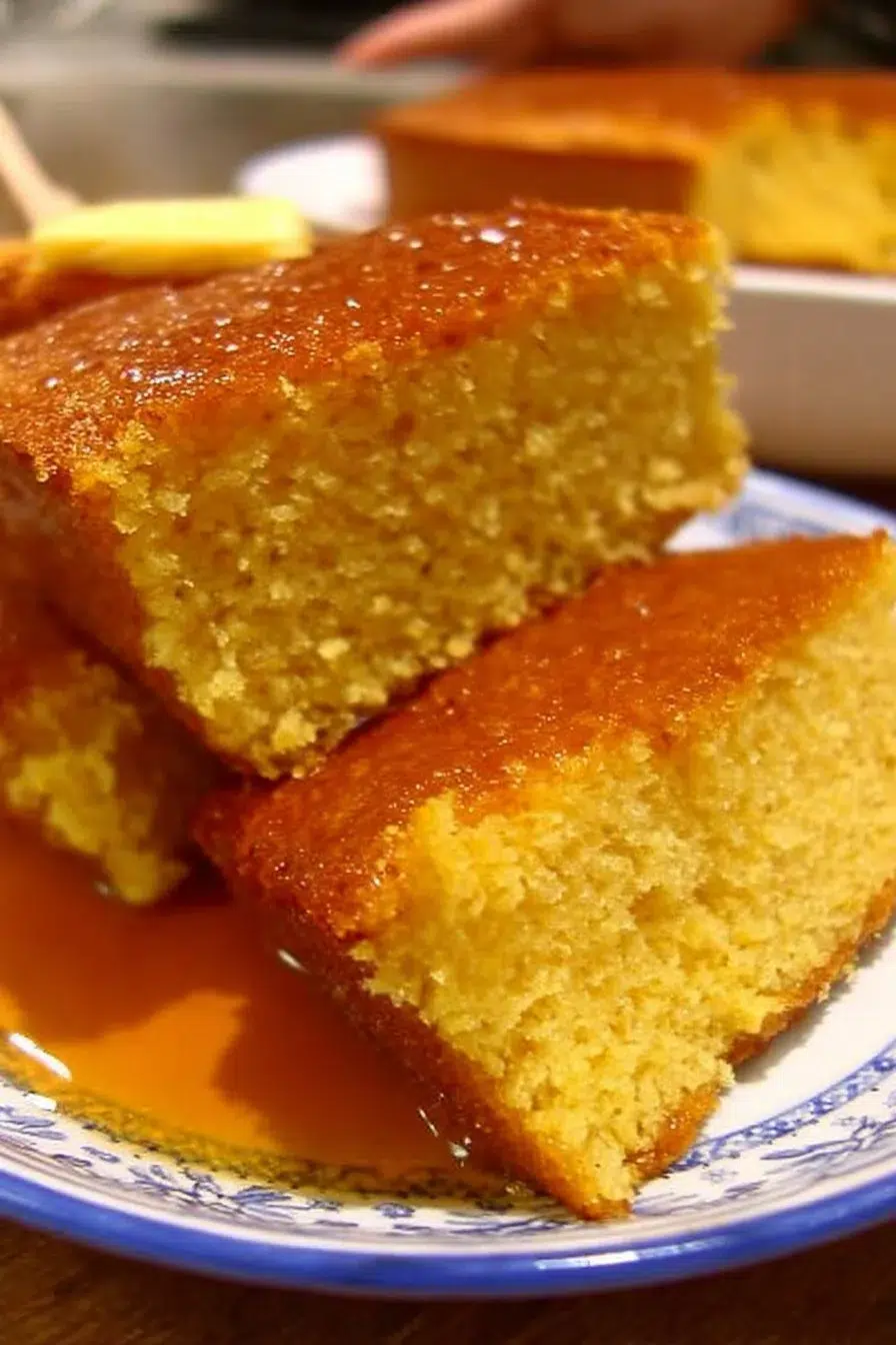 Delicious Honey Butter Cornbread served warm with honey butter spread