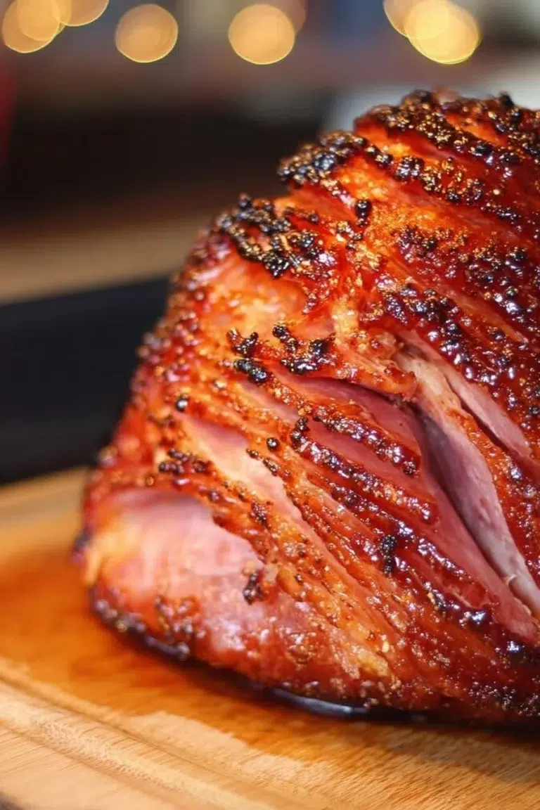 Delicious honey glazed ham served on a festive table