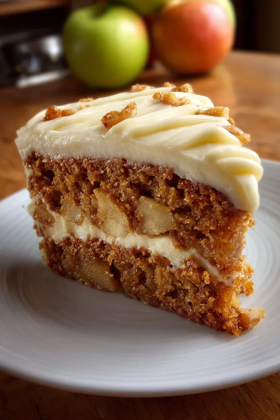 Delicious fresh apple cake with cream cheese frosting on a rustic wooden table