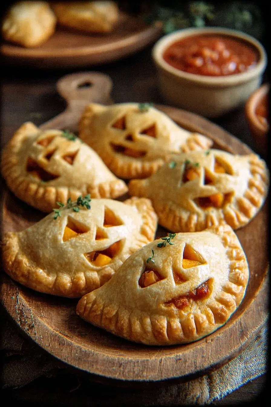 Jack-O’-Lantern Calzones shaped like pumpkins, perfect for Halloween parties