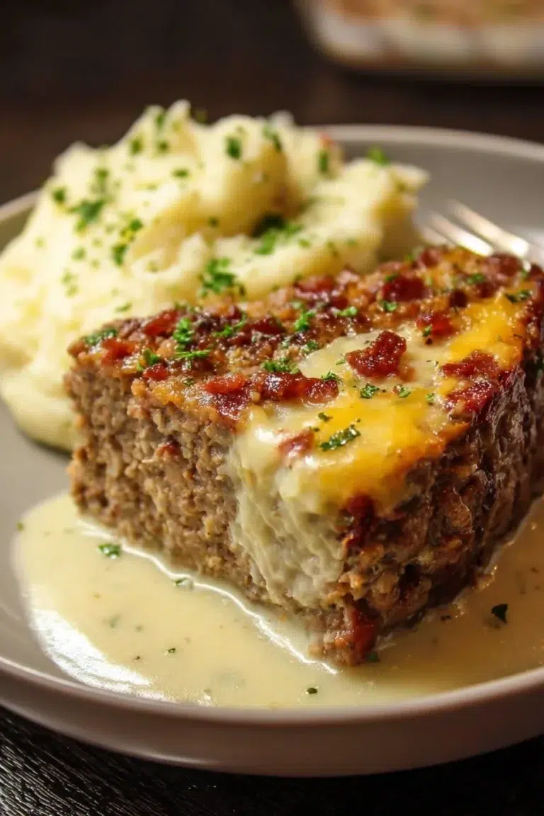 Delicious meatloaf topped with creamy mashed potatoes and melted cheese