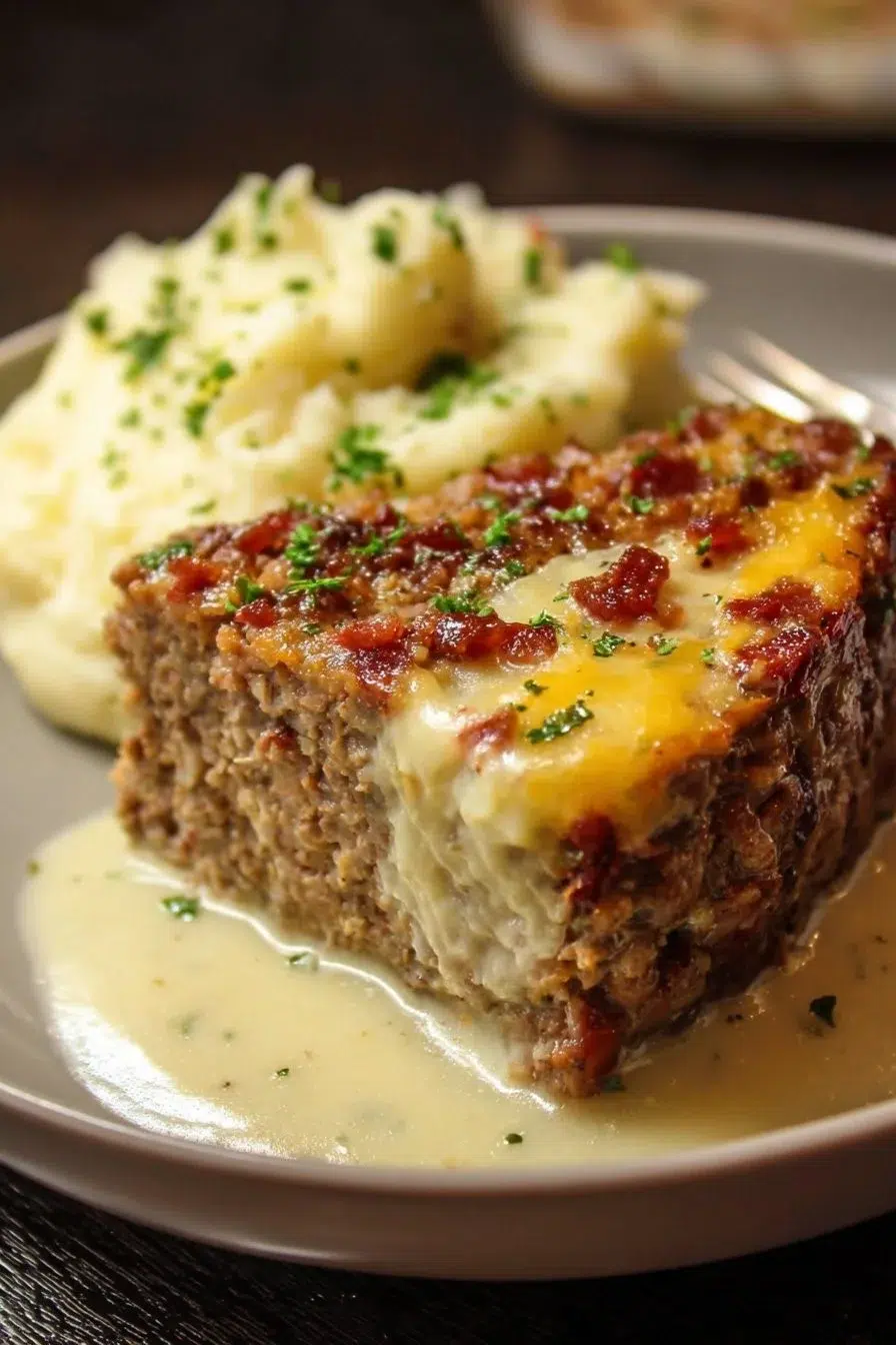 Delicious meatloaf topped with creamy mashed potatoes and melted cheese