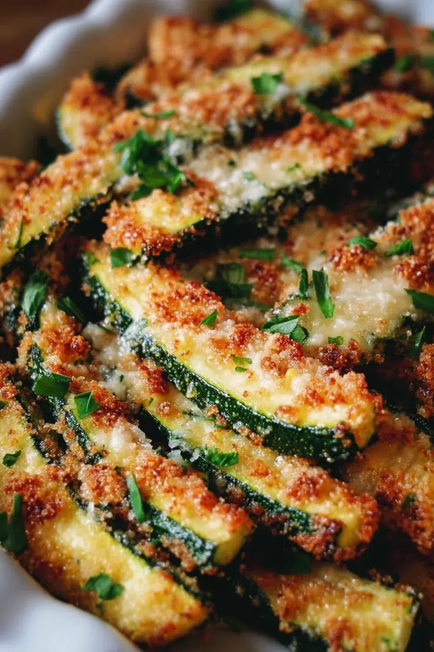 Crispy Parmesan Zucchini Fries served on a plate, garnished and ready to eat.