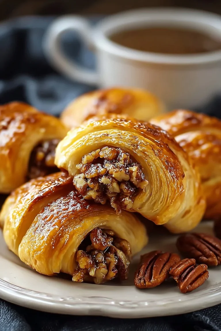 Pecan Pie Crescent Rolls drizzled with caramel and topped with pecans